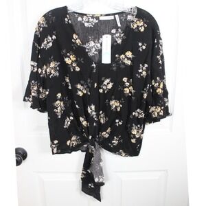 LUQ Rhee Tie Front Top Black Floral V-Neck Rayon‎ Short Sleeve Womens S
